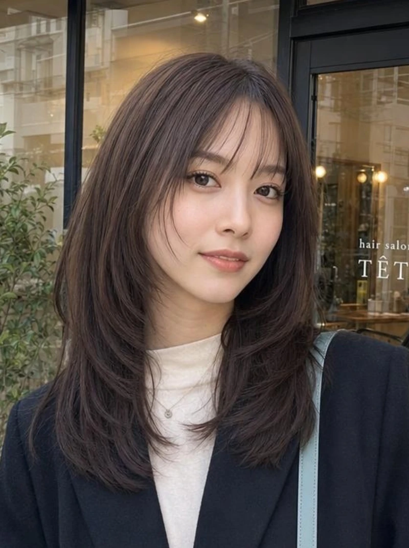 同じサロンの店前で撮影したように生成されたヘアスタイル画像